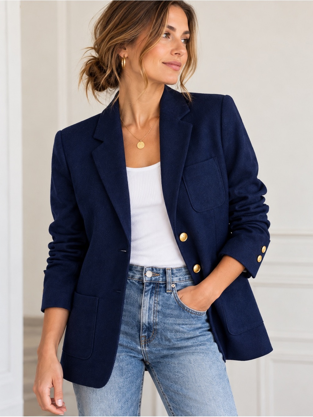 Trovata Sutton Wool Blazer Birds of Paradise Navy Gold Buttons M